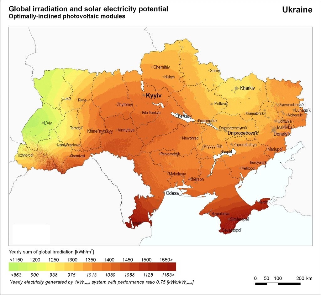 Производительность солнечной станции по карте инсоляции на Украине